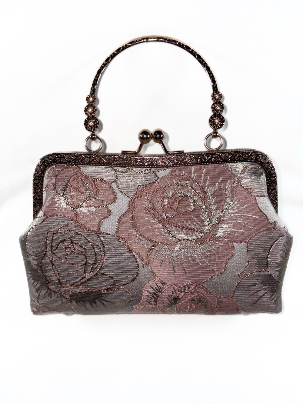 NWOT Rose Floral Brocade Kiss Lock Evening Clutch Bag / Top Handle Purse